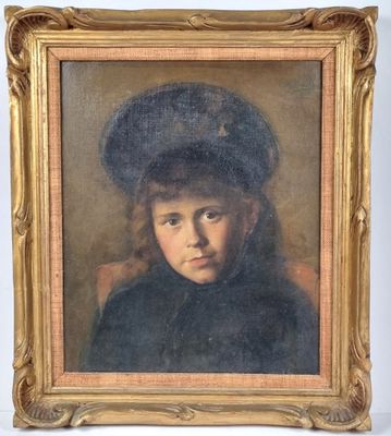 a painting of a young girl wearing a hat and black coat