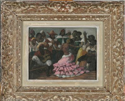 painting of a woman in a pink dress sitting in front of a group of people
