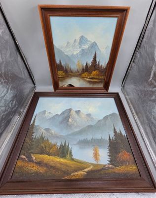 tableau représentant un paysage de montagne avec un lac au premier plan
