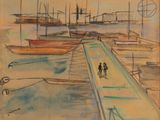 un dessin représentant un couple marchant sur un quai