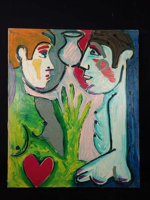tableau représentant un homme et une femme tenant un cœur dans leurs mains