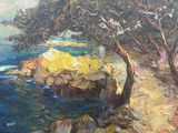 an oil painting of a path leading to a beach with trees