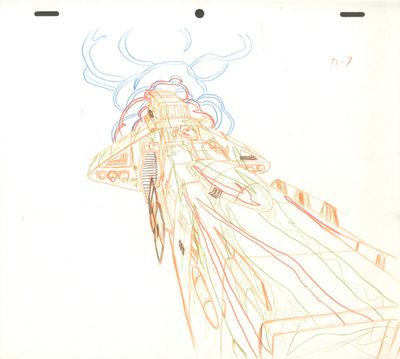 un dessin représentant un vaisseau spatial volant dans le ciel