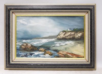 framed oil painting of a beach scene with a lighthouse in the distance