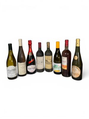 plusieurs bouteilles de vin sont alignées sur une surface blanche