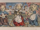 painting of three women with instruments in front of a building