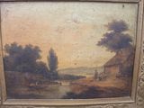 painting of a landscape with a river and a village in the distance