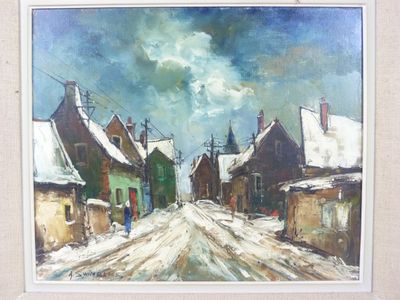 tableau représentant une rue enneigée avec des maisons et une personne marchant dans la rue
