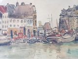 a watercolor painting of a city with boats in the water