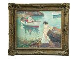 une image représentant un tableau d'une femme en robe blanche au bord d'un plan d'eau
