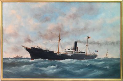 an oil painting of a ship in the ocean with other ships in the background