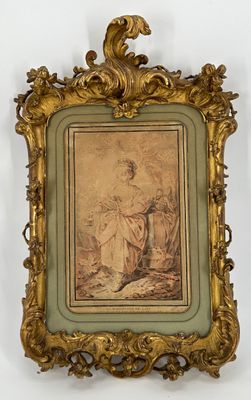 an old picture of a woman sitting in a chair in a gold frame