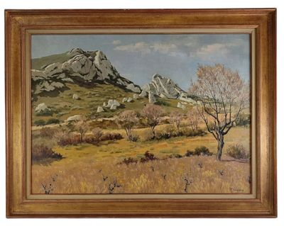 une peinture à l'huile représentant un paysage de montagne avec un arbre solitaire au premier plan
