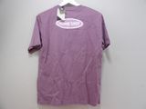 purple t - shirt with white logo on it hanging on a hanger