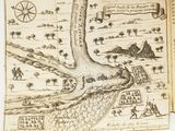 une vieille carte d'un village traversé par une rivière