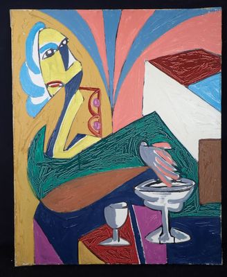 un tableau représentant une femme assise à une table avec un verre de vin