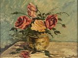 a painting of roses in a vase on a table