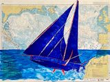 painting of a blue sailboat in the middle of the ocean with a map in the background