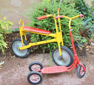 a red and yellow tricycle next to a green bush
