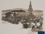 a drawing of a crowd of people gathered outside of a church