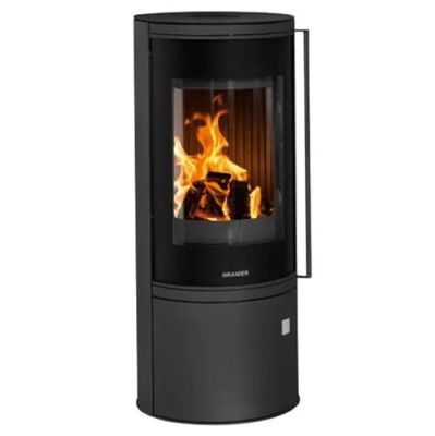 a black stove with a fire inside of it on a white background