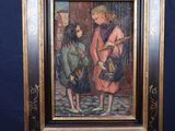 painting of a man and a woman standing in front of a blue wall