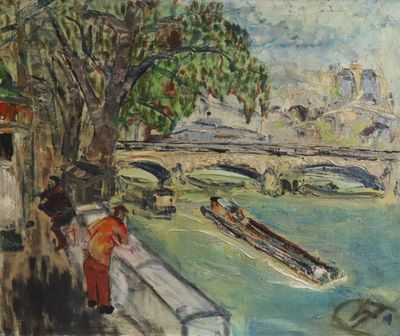 une peinture d'un bateau sur l'eau près d'un pont