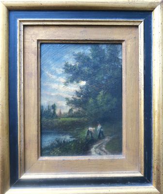 a painting of a couple sitting on a bench by a river