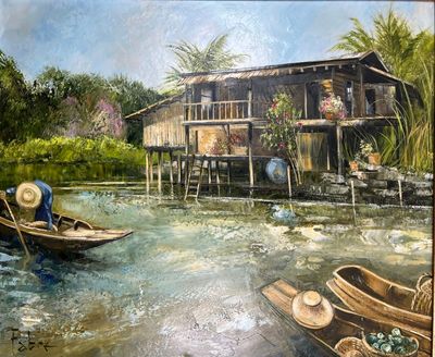 a painting of a boat in the water near a house