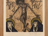 an image of a painting of jesus on the cross with two men