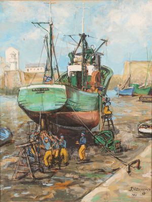 une peinture représentant un bateau posé sur l'eau