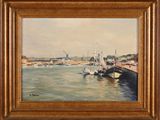 an oil painting of a harbor scene with boats in the water