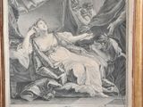 an old picture of a woman laying on a bed with other people around her