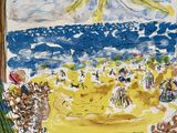 an image of a painting of people on a beach with a sun in the background