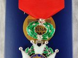 a close up of a medal with a red ribbon on it