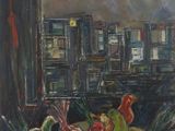 an oil painting of a window sill with a cityscape in the background