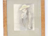 dessin encadré représentant un homme coiffé d'un chapeau et vêtu d'un manteau, tenant une cigarette