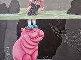 a painting of a girl standing on top of a pink pig
