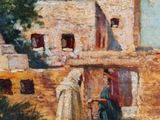 an oil painting of a couple of people standing in front of a building