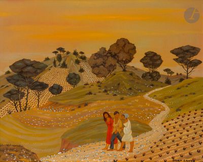 un tableau représentant deux personnes descendant une colline