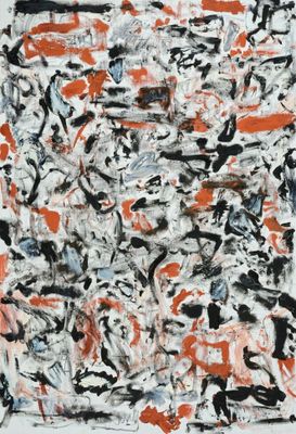 an abstract painting with black and orange paint on a white background