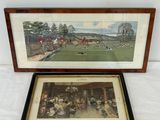 two framed pictures of people playing a game of tennis on a field