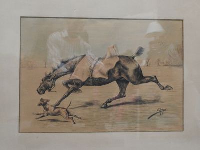 une photo d'un tableau représentant un cheval et un chien
