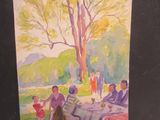 peinture d'un groupe de personnes assises sur un banc dans un parc