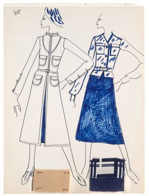 an image of a drawing of two women ' s dresses and a purse