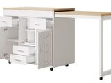 an image of a white desk with drawers and a wooden top