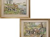 deux gravures encadrées représentant une scène de chasse avec un cerf et des chiens de chasse