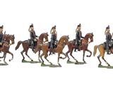 sept figurines représentant des hommes à cheval sur fond blanc
