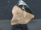 a stone sculpture of a leaf on a black stand