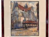 framed watercolor painting of a street scene with buildings and a red roof